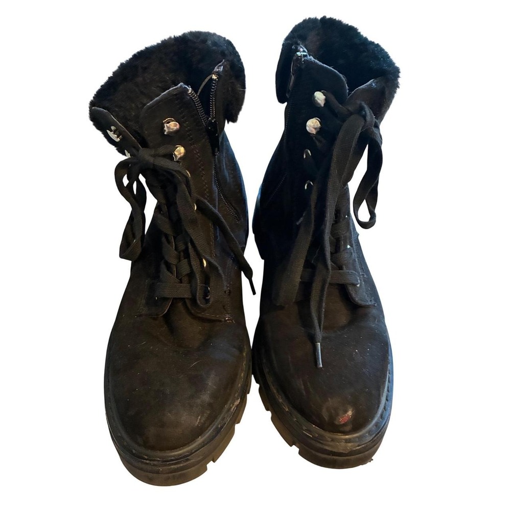 Madden Girl Black Faux Suede Fur Lined Combat Boots Womens 8.5M Lug Sole Lace